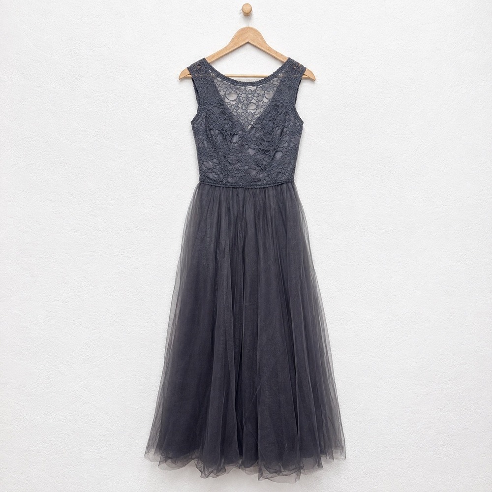 Morilee Charcoal Grey Lace Tulle Dress Size 8 Bridesmaid Prom Formal Long Maxi